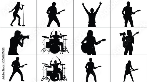 Schilderij op canvas Music Band Performance Silhouettes Set Singer Guitarist Drummer Photographer Con