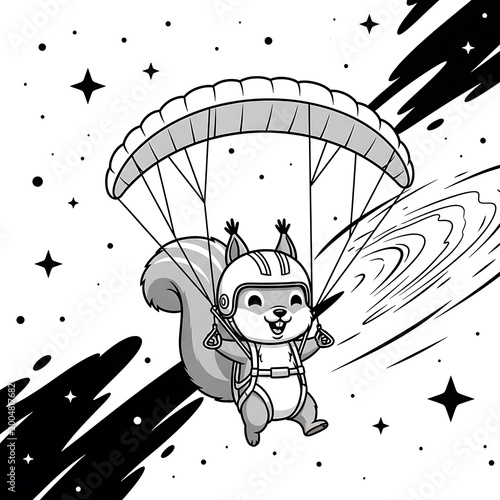 A happy, cartoon squirrel with a helmet parachuting in space, surrounded by stars and a galaxy-like swirl