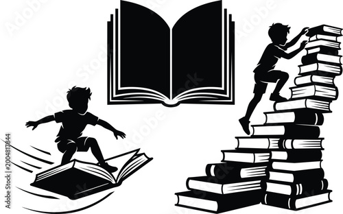 Silhouette of a boy climbing a stack of books and surfing on an open book representing education and imagination for students