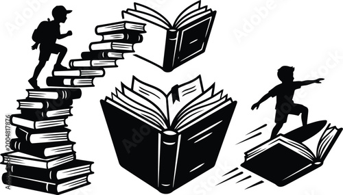 Photography Black and white illustration of children climbing a staircase of books and surfi