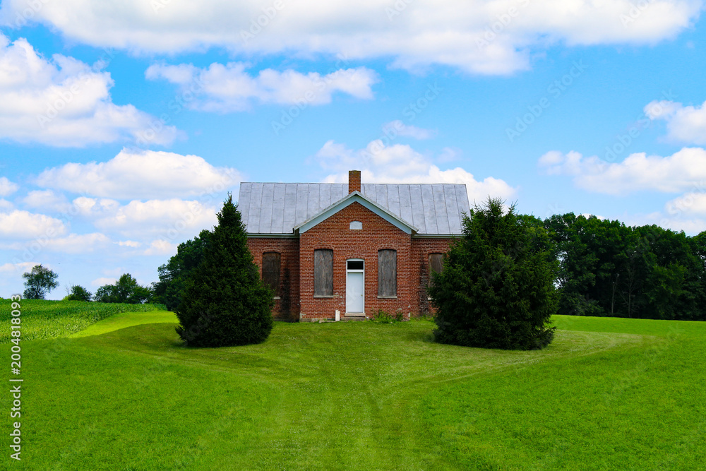Fototapeta premium An old brick house with boarded windows sits between two large bushes on a green grassy hill under a blue sky with clouds surrounded by trees in the countryside
