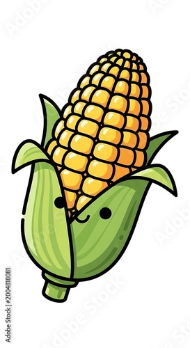 A happy, cartoon-style depiction of a fresh ear of corn, with bright yellow kernels, green husks, and a smiling face