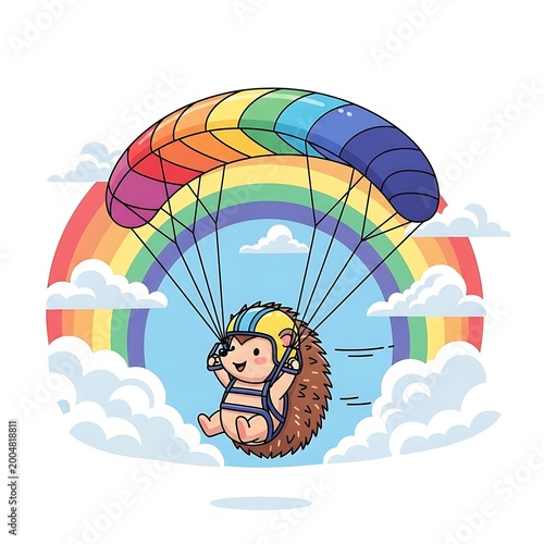 A happy hedgehog with a helmet floats under a colorful parachute with a rainbow in the background and clouds