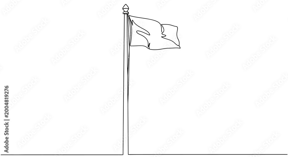 Obraz premium Waving flag on flagpole, minimalist line art illustration, white background