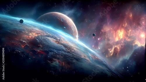Space universe exploration, fantasy, mysterious. A vivid depiction of a cosmic scene depicts a planet with a radiant blue glow emanating from its surface.
