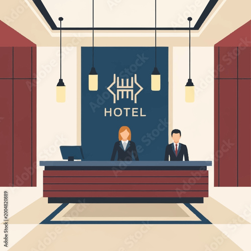 Reception desk with hotel staff.