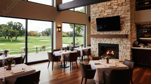 Elegant restaurant interior offers golf course views through large windows. Cozy fireplace adds warmth. Modern design with wood floors and comfortable seating.