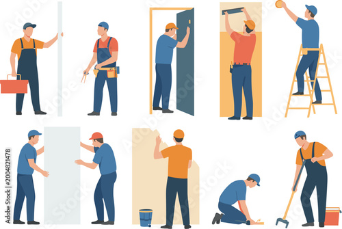 Construction workers set, professional builders painting repairing installing, flat vector illustration for renovation services