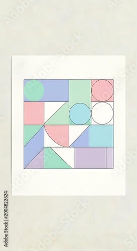 A geometric composition with various pastel-colored shapes arranged on a white background, creating a playful, modern aesthetic