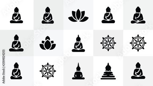 Tableau sur toile Collection of black silhouette icons featuring meditating buddha figures and dha