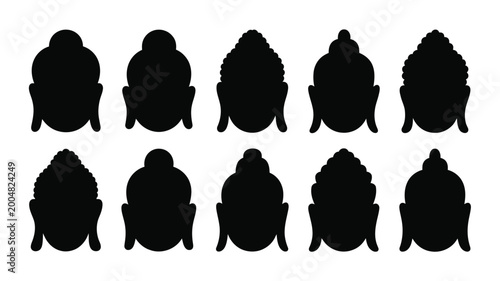Photos Collection of diverse black silhouette buddha head icons representing spirituali