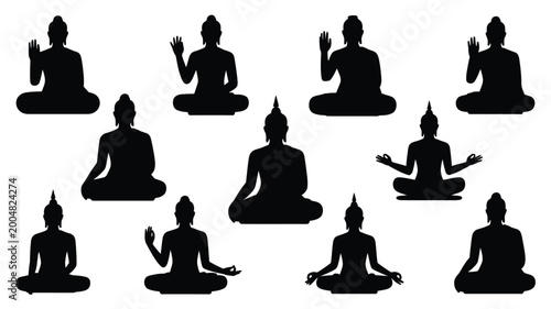 Tableau sur toile Collection of twelve diverse black silhouettes of buddha figures in various medi