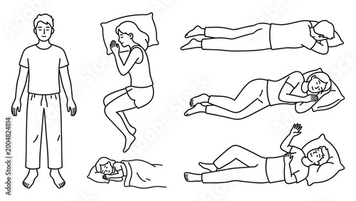 Line drawing collection of man and woman sleeping in different bed positions and poses.