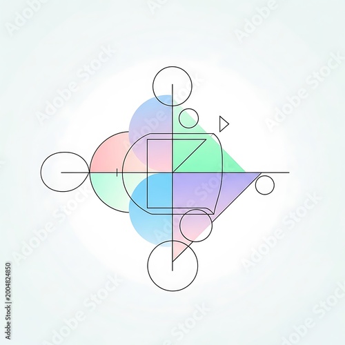 A geometric illustration featuring overlapping shapes and lines, using pastel colors with a light background