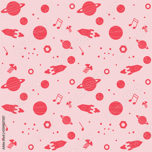 Seamless Space Pattern – Cute Rocket, Planet and Music Icons Background