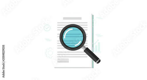 Document analysis with magnifying glass data charting and gear icons flat design illustration