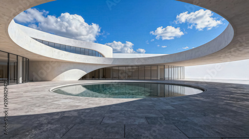 This modern minimalist architectural courtyard features a circular reflective pool, curved white concrete structures, and open floor space under a bright blue cloudy sky.