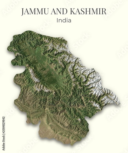 Jammu and Kashmir Shaded Relief Map. India. Hillshaded physical map. Terrain illustration of Jammu and Kashmir. Elements of this image derrived from NASA imagery and SRTM dataset.