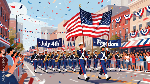 Fotografie Independence Day parade illustration, marching band, flag bearers, patriotic ban