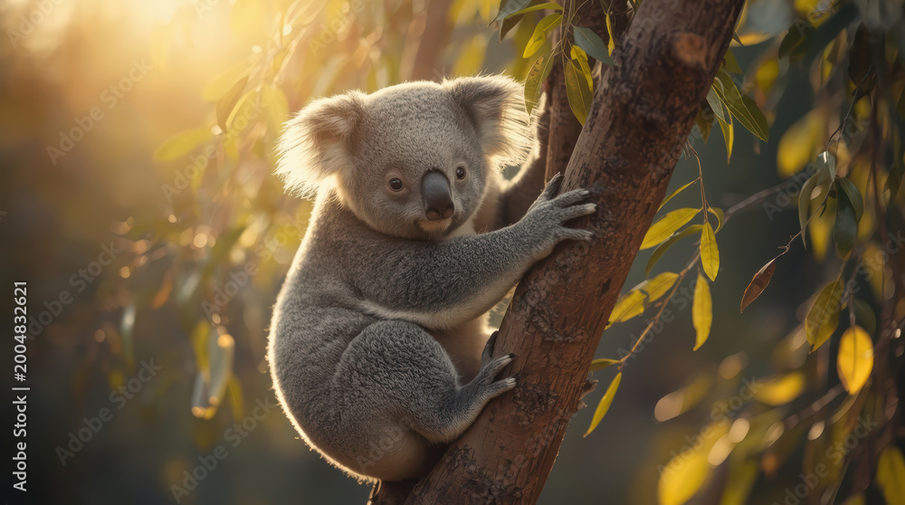 Fototapeta premium Adorable koala clinging to eucalyptus tree branch at golden sunset