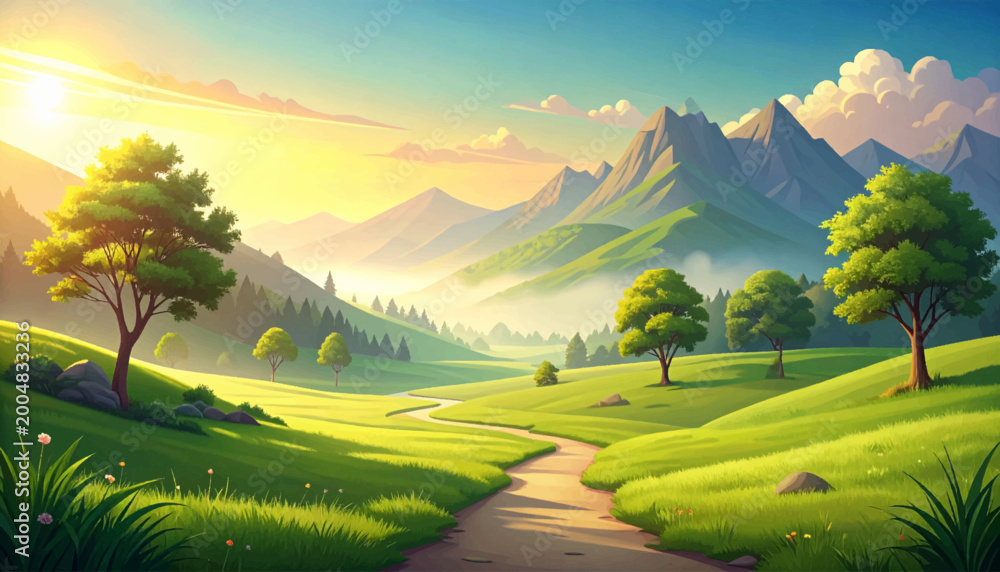 Fototapeta premium Sunset country lane for scenic tourism promotion. Golden valley road for outdoor lifestyle artwork. Rolling green hills ideal for travel branding