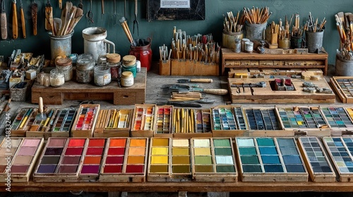 A vibrant art studio with paint palettes, brushes, jars, and other artistic equipment on a wooden table