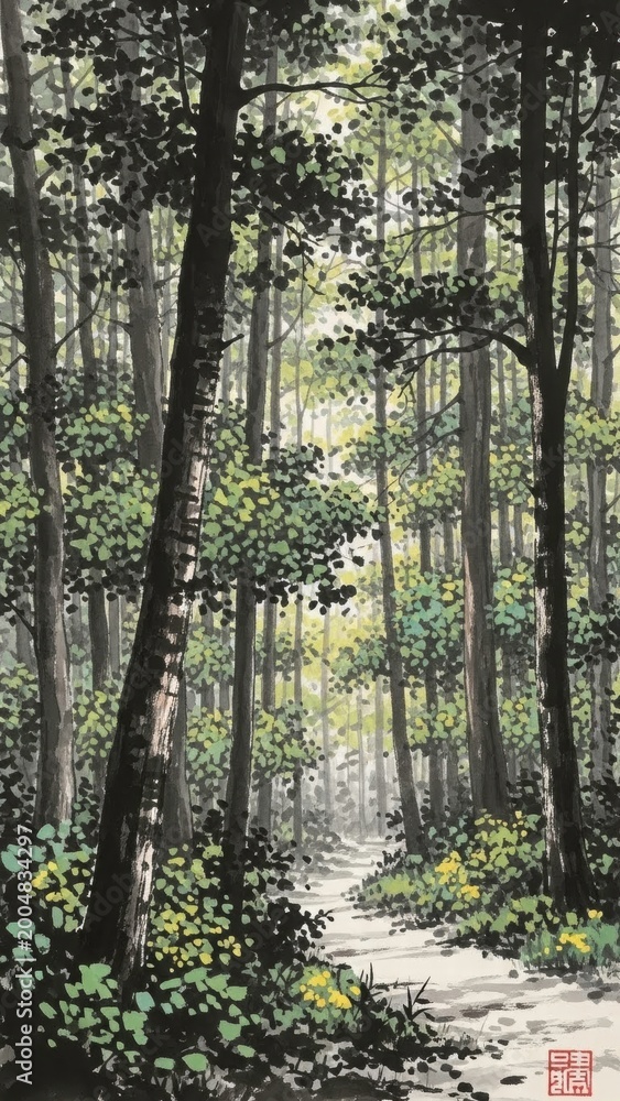 Fototapeta premium Serene Forest Path: A peaceful path winds through a dense forest, sunlight filtering through the lush canopy, creating a scene of tranquil beauty and natural harmony.