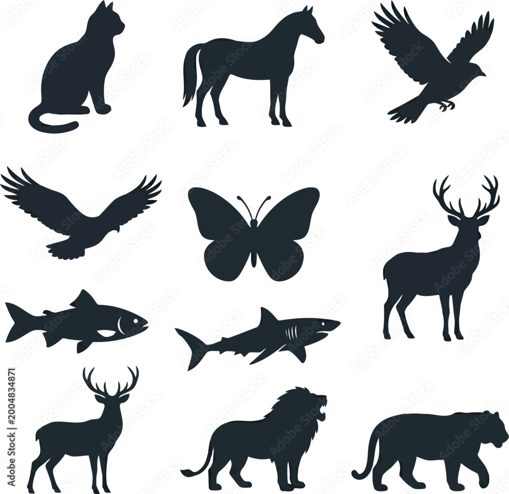 Obraz premium Collection of various wild and domestic animal silhouettes including cat horse bird butterfly deer fish shark lion and tiger for nature design projects