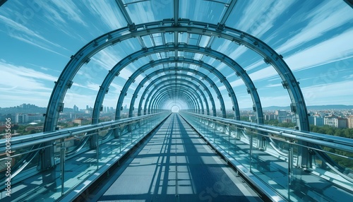 Futuristic glass walkway with cityscape background.
