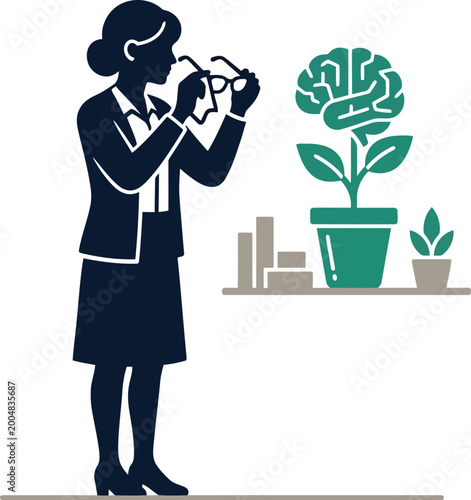 Professional businesswoman holding glasses looking at a brain growing in a plant pot representing mental growth and development