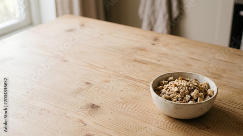 Small ceramic bowl filled with stale bread crumbs placed in the bottom‑right corner of a large light wooden table, most of the table surface kept empty as negative space.