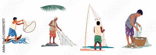 Flat vector illustrations of traditional South Asian fishermen casting nets, working on the shore, and sorting fresh catch in baskets.