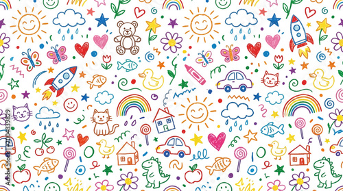 Cute kid crayon hand drawn icon background pattern