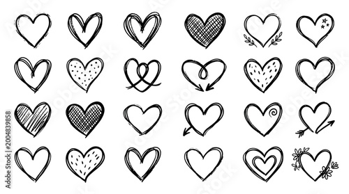 Line brush heart vector set hand drawn sketch