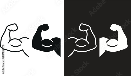 Cuadro en lienzo Muscle arm strength icon set outline solid and inverted style collection for fit