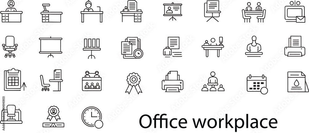 Obraz premium Office workplace business meeting and productivity line icon set with desk presentation document printer team calendar vector collection