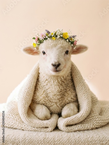 Anthropomorphic lamb wearing a flower crown and a knitted blanket with dressed up, beige background