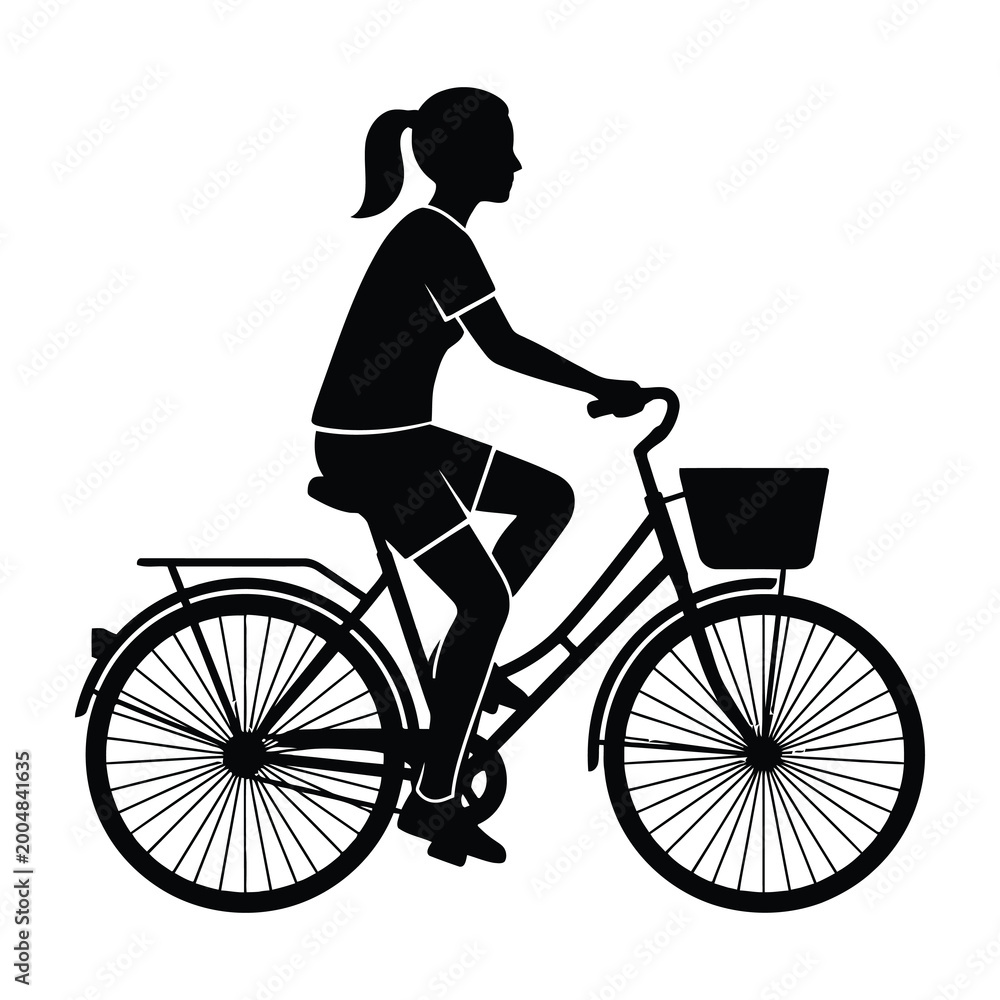 Obraz premium Woman riding bicycle with basket on white background
