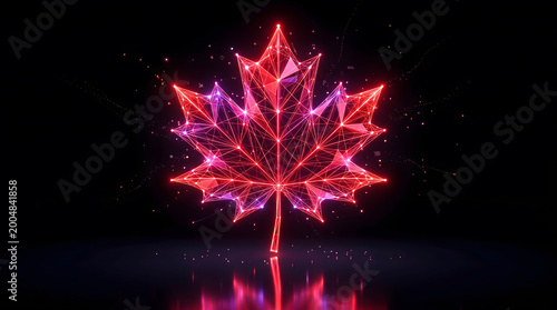Foto Neon, red, maple, leaf, Canada, symbol, futuristic, tech, digital, glowing, netw