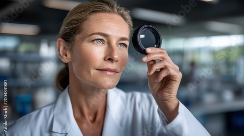 Scientist analyzing data with microscope in laboratory research environment close-up view focus on discovery