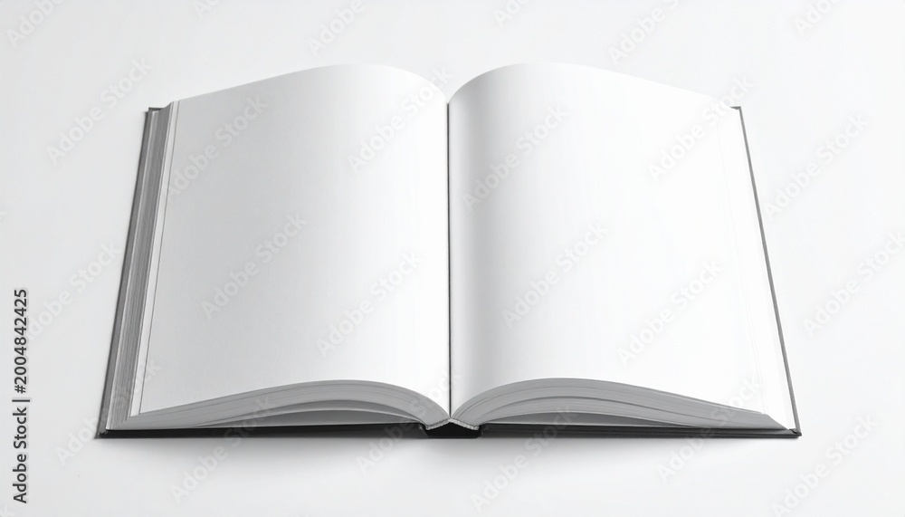 Fototapeta premium An open book with blank pages on a white surface, perfect for creative content or informational writing