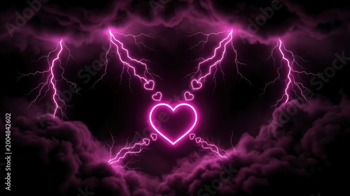 Neon Pink Heart with Electric Lightning Bolts and Dark Stormy Clouds Background