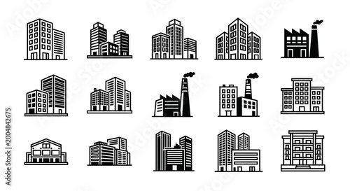 Modern Urban City Skyscraper and Industrial Building Icon Set