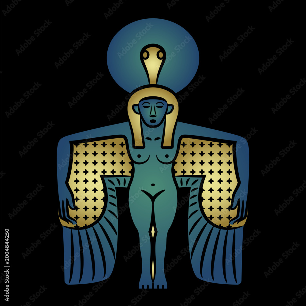 Fototapeta premium Winged ancient Egyptian goddess. Blue and gold design on black background.