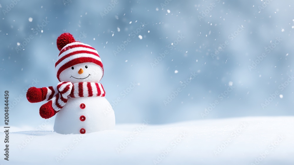 Fototapeta premium Adorable snowman wearing festive red and white winter attire amidst falling snowflakes
