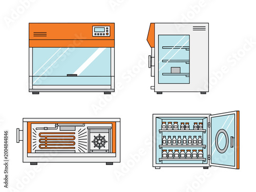 Foto Laboratory equipment illustration set, incubator oven sterilizer machines, scien