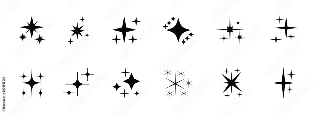 Fototapeta premium Shine sparkle icon. Vector blink star for logo, sparkle clipart. Horizontal various style sparkle shapes and shining star icons on white background. Eps10