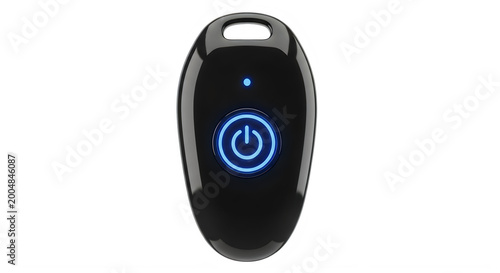 Black oval electronic key fob remote with glowing blue power button icon on transparent bg.