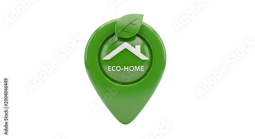 Green eco home location pin with house and text saying eco home.