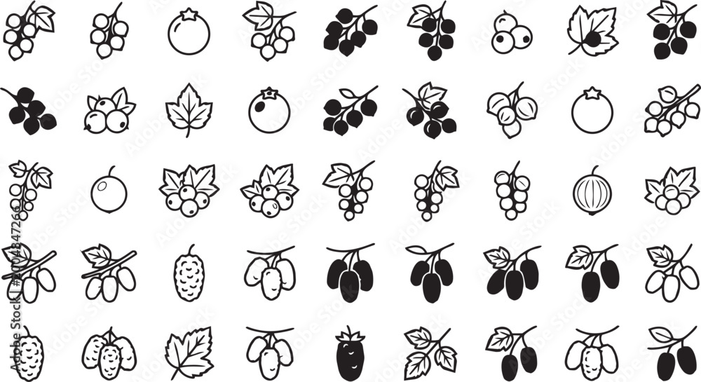 Fototapeta premium Assortment of berry and fruit icons in outline and solid fill styles.